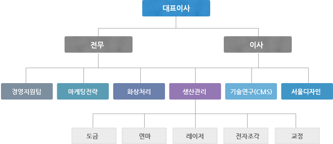 대표이사 전무 이사 경영지원팀 마케팅전략 화상처리 생산관리 기술연구(CMS) 서울디자인 도금 연마 레이저 전자조각 교정